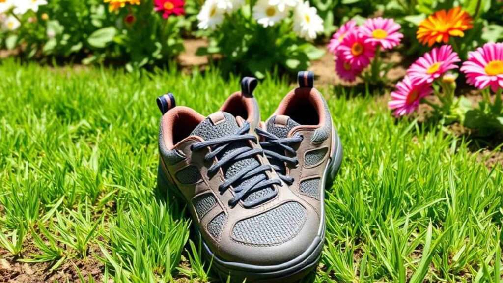 A pair of sturdy yet stylish gardening shoes resting on a vibrant green lawn, surrounded by colorful blooming flowers and rich soil, showcasing their comfortable design with breathable fabric and slip-resistant soles, reflecting a sunny day in a lush garden setting.